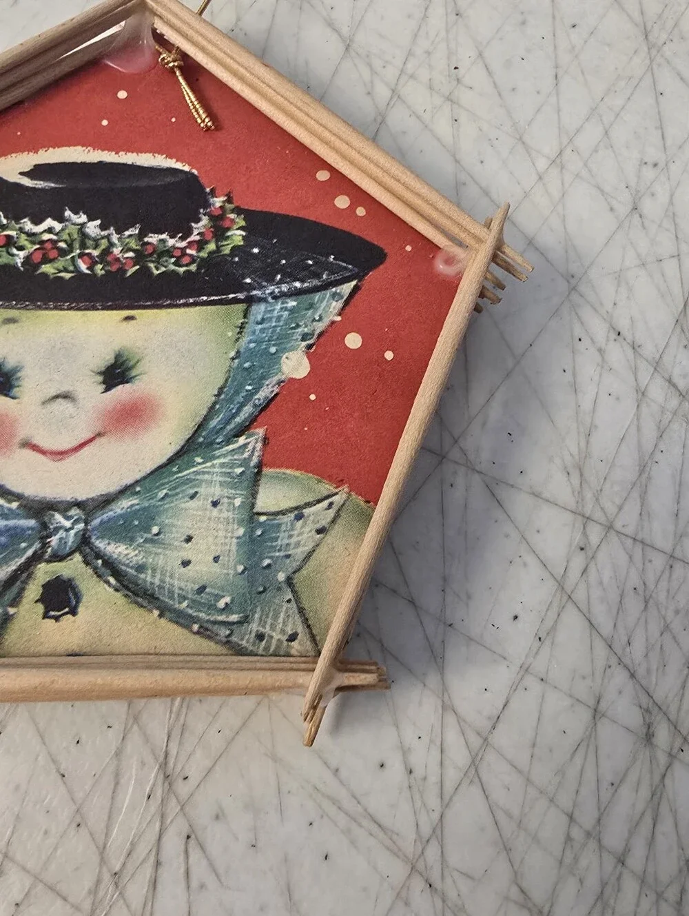 Vintage Handmade Christmas Ornament Snowman Snowwoman Toothpicks Old Cards